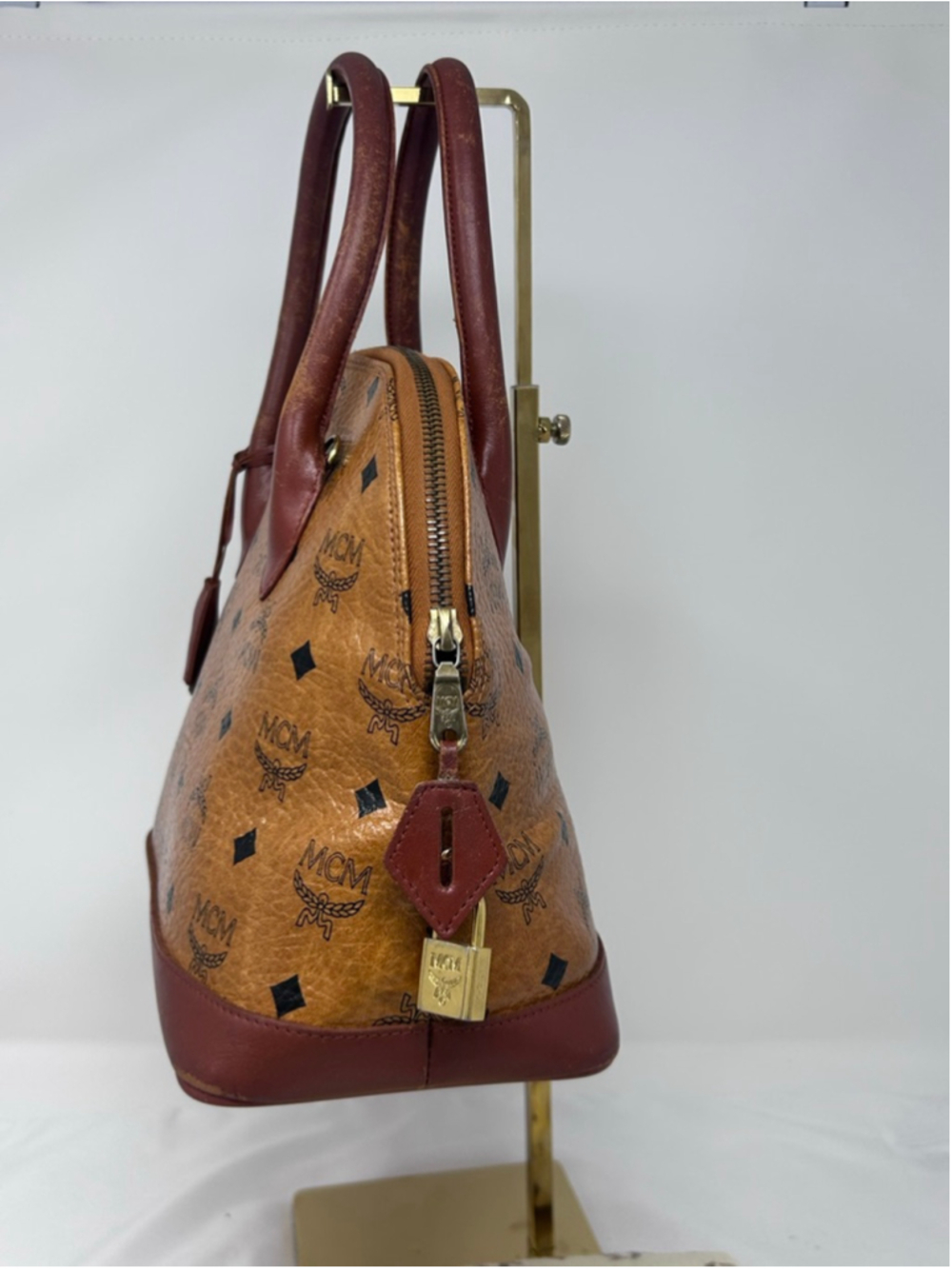 Vintage MCM Visetos Alma Satchel Cognac Monogram Leather Lock Key - Picture 4 of 16